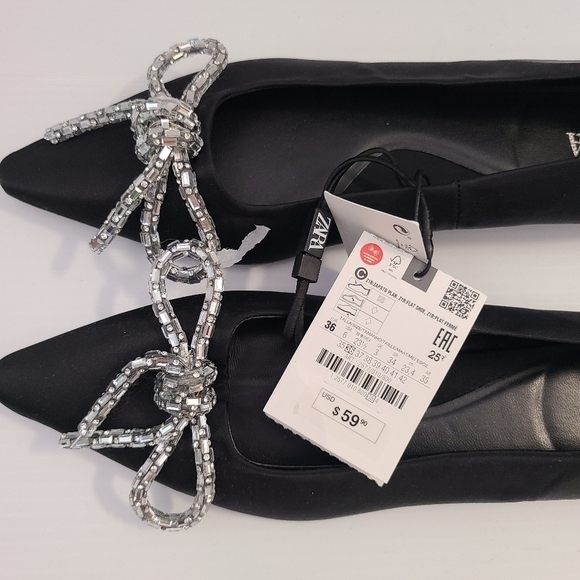 ZARA EMBELLISHED BOW BALLET FLATS BLACK SIZE| 2577/010 - Picture 8 of 11